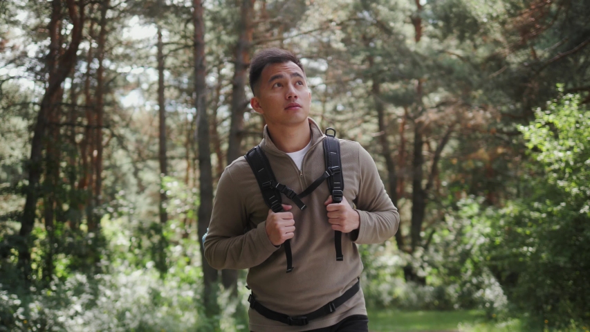 Happy Asian man with backpack walking on path forest. Summer holiday and vacation trip, korean hiker student on digital detox, walking tour vacation, close to the nature, cardio training Royalty-Free Stock Footage #1057593103