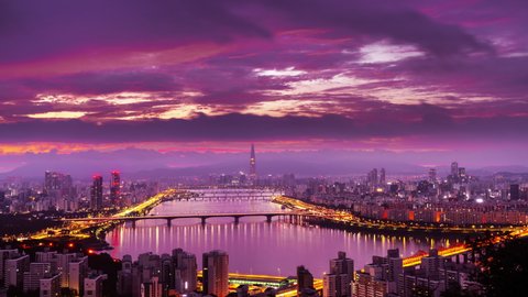 Sunrise of Seoul city at han river in South Korea. Time-lapse 4k