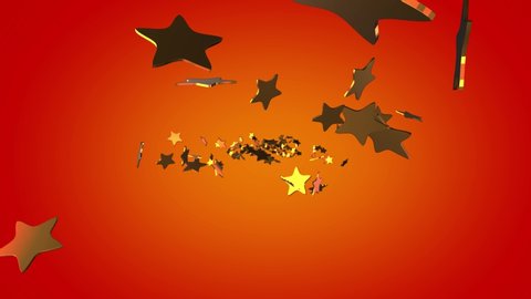 Gold stars fly in different directions on a red background. 4K motion graphics.