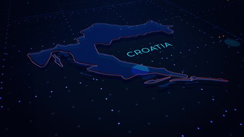 3d render of Croatia map. Camera flying through digital space.