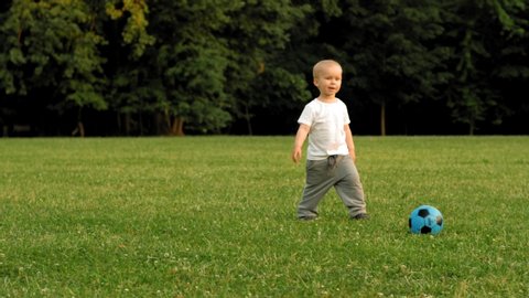 Happy little cute boy having fun enjoying playing football kicking ball at backyard nature full shot smiling active child feeling positive emotion during outdoor activity at green grass background.