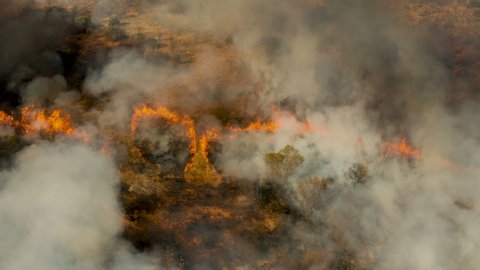 Climate emergency.Climate change. Global warming. Epic spectacular aerial close-up zoom in view of a grass fire in Southern Africa caused by drought and climate change