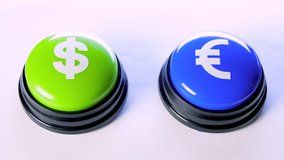 Business person pushing green / blue glossy money button with dollar / euro symbols. 4K video for sales, payment system, financial institution, stock market, digital wallet, crediting, traders, banks.