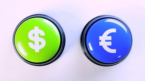 Business person pushing green / blue glossy money button with dollar / euro symbols. 4K video for sales, payment system, financial institution, stock market, digital wallet, crediting, traders, banks.
