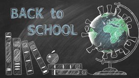 Back to School lettering, books and globe in shape of coronavirus  are drawn with chalk on a blackboard. Covid-19 concept. Start of the new school year 2020 - Powered by Shutterstock - Get 15% off with code: PIKWIZARD15