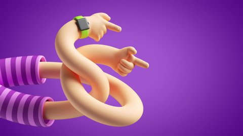 3d funny cartoon character tangled flexible hands appear, shows direction with pointing fingers, isolated on violet background with blank copy space