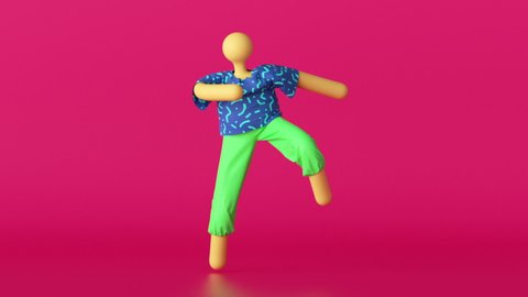 3d abstract cartoon character in colorful clothes over pink background, dancing hipster person loop animation, modern minimal seamless motion design.