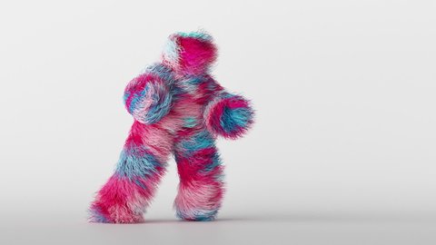 3d colorful hairy cartoon character funny hip hop dancing, furry beast having fun, fluffy mascot looping animation, modern minimal seamless motion design