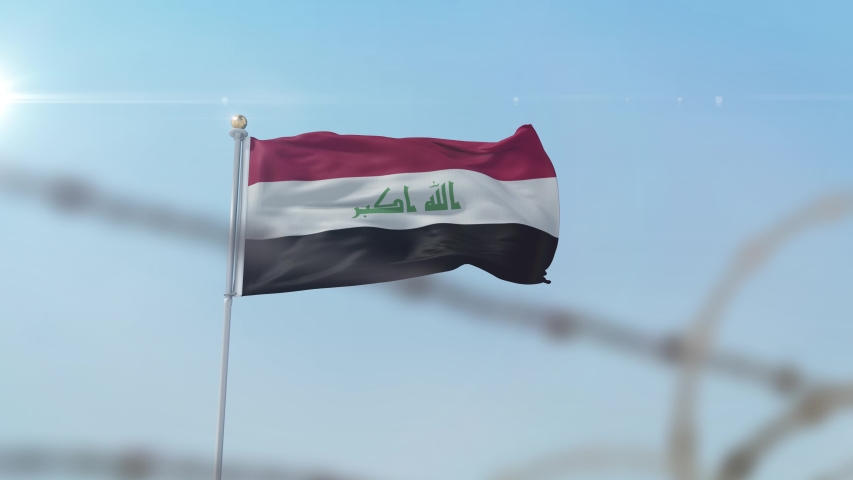 Flying flag of Iraq behind barbed wire fence. Conceptual  3D animation Royalty-Free Stock Footage #1057625587