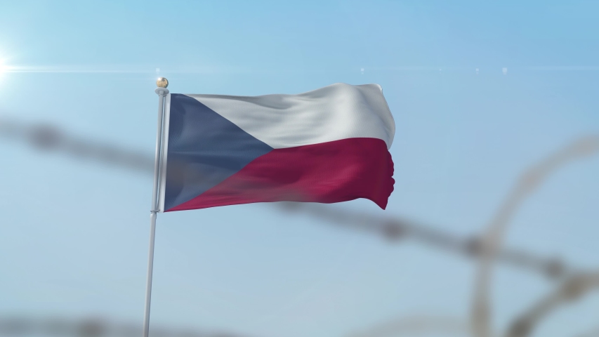 Flying flag of Czech Republic behind barbed wire fence. Conceptual  3D animation Royalty-Free Stock Footage #1057625698