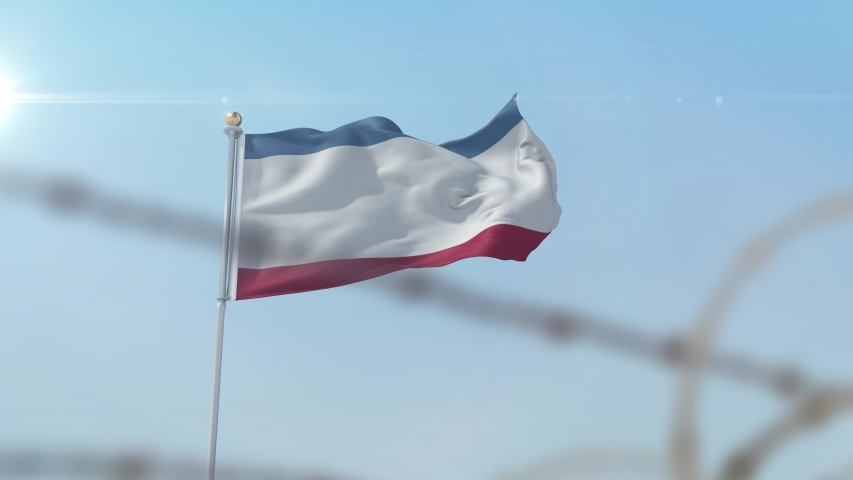 Flying flag of Crimea behind barbed wire fence. Conceptual  3D animation Royalty-Free Stock Footage #1057625710