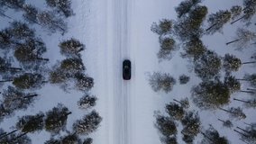 Aerial top view from drone of suv vehicle driving on snowy ice road exploring local landscapes in winter, bird’s eye view of automobile car moving on area surrounded by beautiful coniferous forest
 - Powered by Shutterstock - Get 15% off with code: PIKWIZARD15