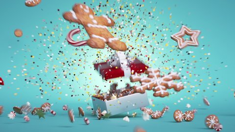 3d animated greeting card, gingerbread cookies and candies jump from the gift box, over blue background. Bang of golden confetti. Christmas or New Year festive animation