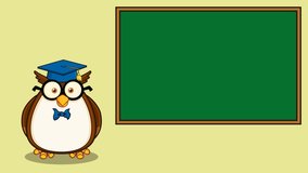 Wise Owl Teacher Cartoon Character In Front Of School Chalk Board With Text. 4K Animation Video Motion Graphics With Background