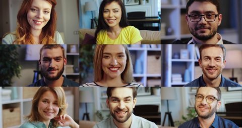 Collage of happy different people smiling to camera while resting at home. Multiscreen on many Caucasian males and females in good mood looking at with smile on face camera in room. Portrait concept