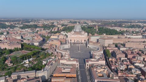 Aerial panoramic view of cityscape of Vatican City in Rome, St. Peter's Basilica (The Dome) and St. Peter's Square - landscape panorama of Italy from above, Europe