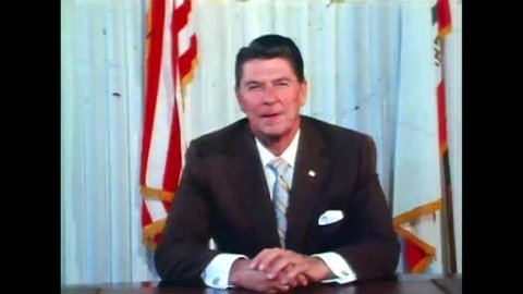 CIRCA 1980s - President Ronald Reagan announces his drug prohibition campaign, the War on Drugs, sitting at a desk, in an office, in California.