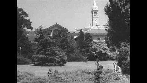 CIRCA 1940s - The University of California, Berkeley, classrooms, professors, students, an animated map, bank publications and bankers are shown.