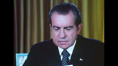 CIRCA 1970s - President Richard Milhous Nixon speaks about charges in the Watergate Scandal, in Washington, D.C., in 1973.