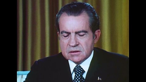 CIRCA 1970s - President Richard Milhous Nixon reads a speech addressing charges to do with the Watergate Scandal, in Washington, D.C., in 1973.