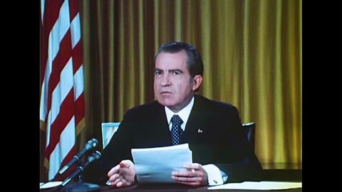 CIRCA 1970s - President Richard Milhous Nixon speaks to charges to do with the Watergate Scandal, in Washington, D.C., in 1973.