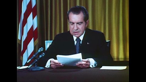 CIRCA 1970s - President Richard Milhous Nixon addresses charges in the Watergate Scandal, in Washington, D.C., in 1973.