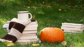 pumpkin and books with cup of coffee are on a green grass in a garden