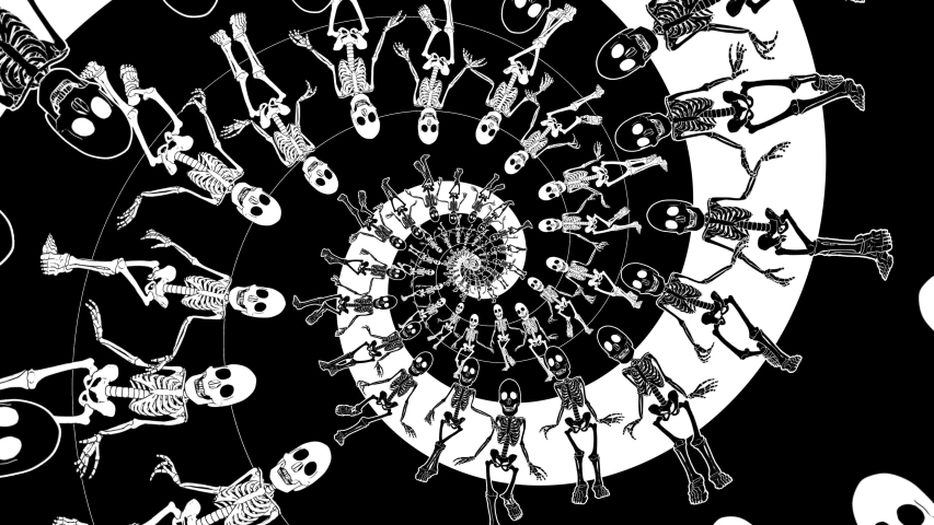 Seamless animation of swirl of psychedelic dancing skeletons and skeleton in catwalk printed drawn style cartoon. Hypnotic halloween background with marker stroke effect. Royalty-Free Stock Footage #1057648060