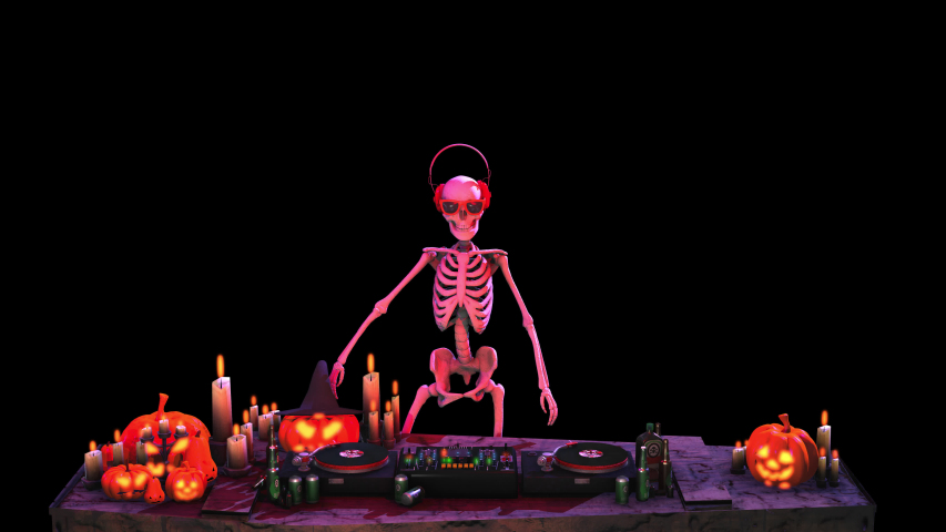 Seamless animation of a DJ skeleton with vinyls, turntables, records and dj booth isolated with alpha channel. Funny halloween background. Royalty-Free Stock Footage #1057648108