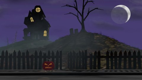 Halloween themed intro or opening. Pull back from a haunted house, through a cemetery to the front gate with a jack-o-lantern
