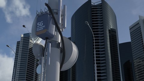 5G tower in city business district, faster Internet connection, mobile network. Latest technology in telecommunications