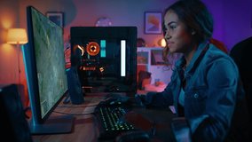 Professional Beautiful Female eSports Gamer Plays RPG MOBA Mock-up Video Game Modern Graphics and Fun Gameplay on Her Powerful Personal Computer. Cyber Games Retro Neon Room