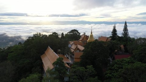 Aerial view at Wat Phra That Doi Suthep temple on the Clouds with Sunrise in Chiangmai, Thailand.
