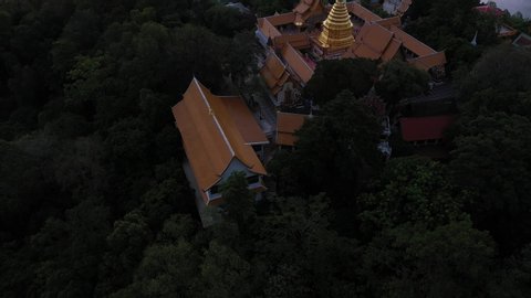 Aerial view at Wat Phra That Doi Suthep temple on the Clouds with Sunrise in Chiangmai, Thailand.