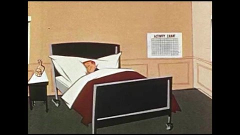 CIRCA 1950s - An animated chart shows a TB patient's slow recovery from bed rest to walking in 1950.