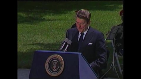 CIRCA 1980s - President Ronald Reagan pays tribute to William J. Donovan and William Casey in his speech.