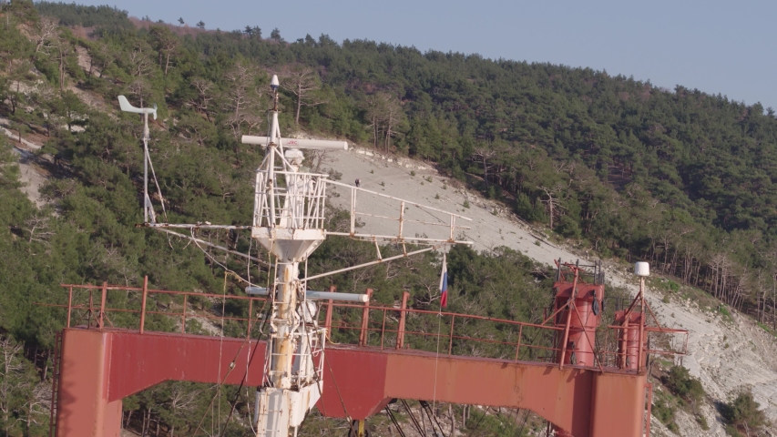The ship ran aground. Environmental pollution at sea. Aerial view. grounded ship. Drone footage