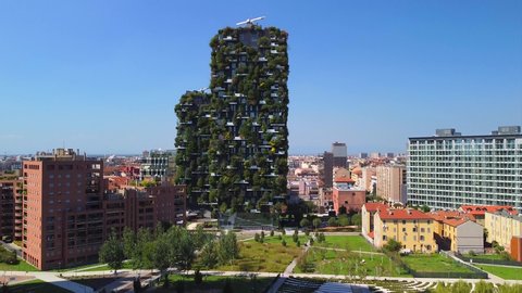 Milan Italy 19 August 2020: Vertical Forest is New Architecture in the new business center of Milan on Porta Nuova promenade. Office buildings. Drone shooting. Modern houses. Lombardy. finance. Bosco