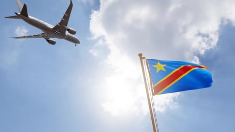 Flag of Democratic Republic of the Congo Waving with Airplane arriving or departing, Realistic Animation