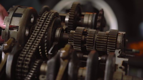Spinning Gears in Motorcycle engine, Close Up