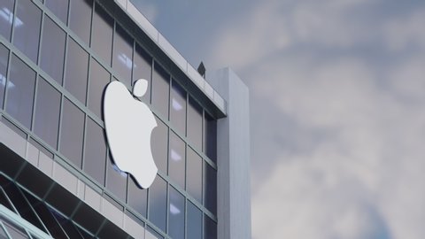 APPLE, USA - SEPTEMBER 2019: 3D CGI Animation of Apple Inc. American multinational technology company that designs, develops, and sells consumer electronics, computer software, and online services.