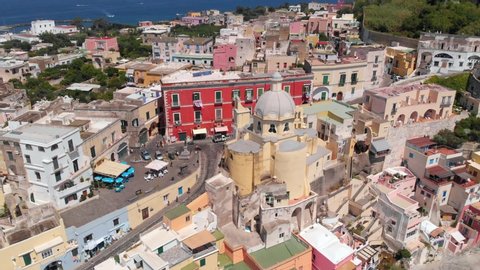 Aerial of the small traditional Mediterranean island village of Procida in the Gulf of Naples, Italy