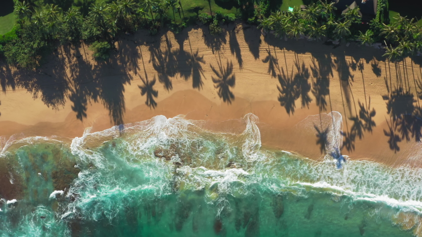 Dream trip to green island. Outdoor adventure travel to beautiful Hawaii beach. Cinematic wild nature aerial 4K. Slow motion waves of transparent green sea waters. Untouched nature on sunny summer day