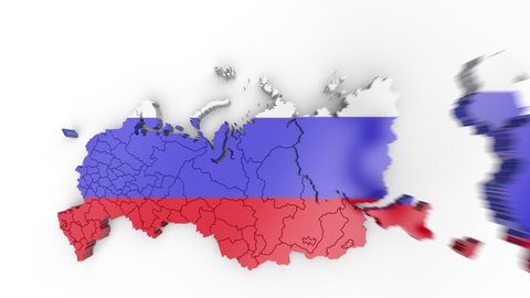 Map of Russia with flag, top view. Formed by individual regions falling from top to bottom on a white background. 