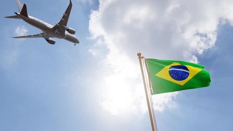 Flag of Brazil Waving with Airplane arriving or departing, Realistic Animation