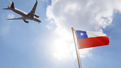 Flag of Chile Waving with Airplane arriving or departing, Realistic Animation
