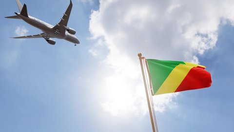 Flag of Republic of the Congo Waving with Airplane arriving or departing, Realistic Animation