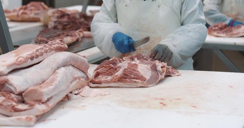 Meat processing plant, butcher cuts pork carcasses, meat production and food industry, the process of harvesting meat, worker uses equipment for slicing meat.