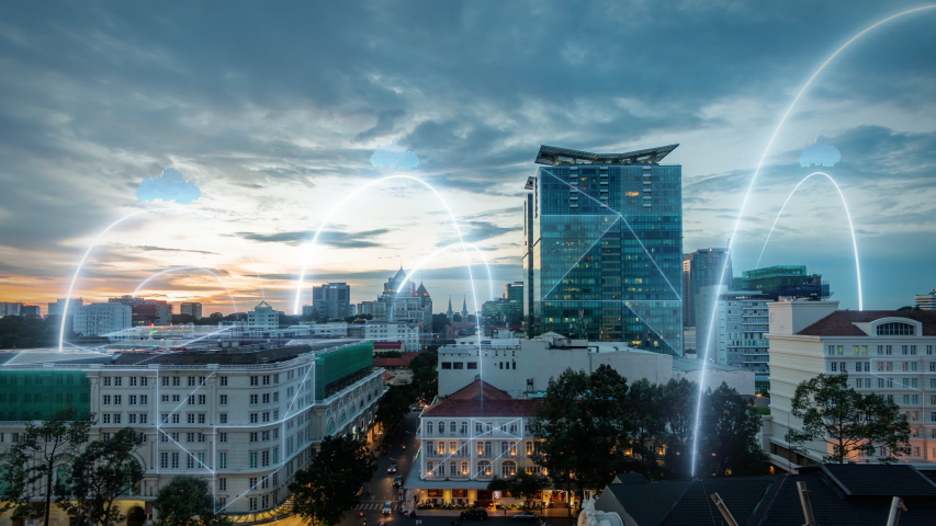 aerial time lapse of saigon sunset skyscraper city connected through 5G Wireless network, mobile technology concept, data communication, virtual reality futuristic era Royalty-Free Stock Footage #1057707409