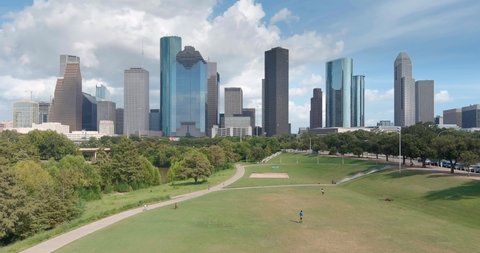 Low angle drone view of downtown Houston skyline. This video was filmed in 6k and downscaled to 4k for best image quality.